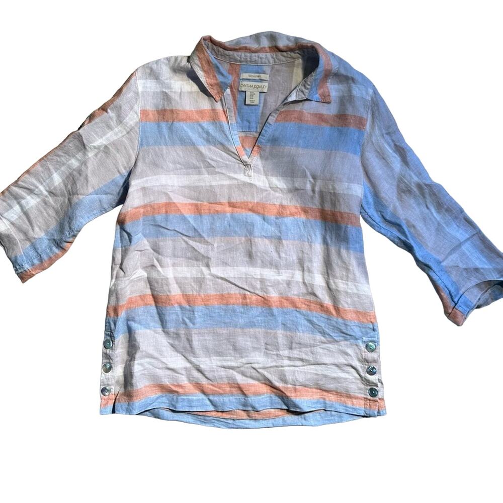 Cynthia Rowley 100% Linen Shirt 3/4 Sleeve Collared V-Neck Top Size Medium